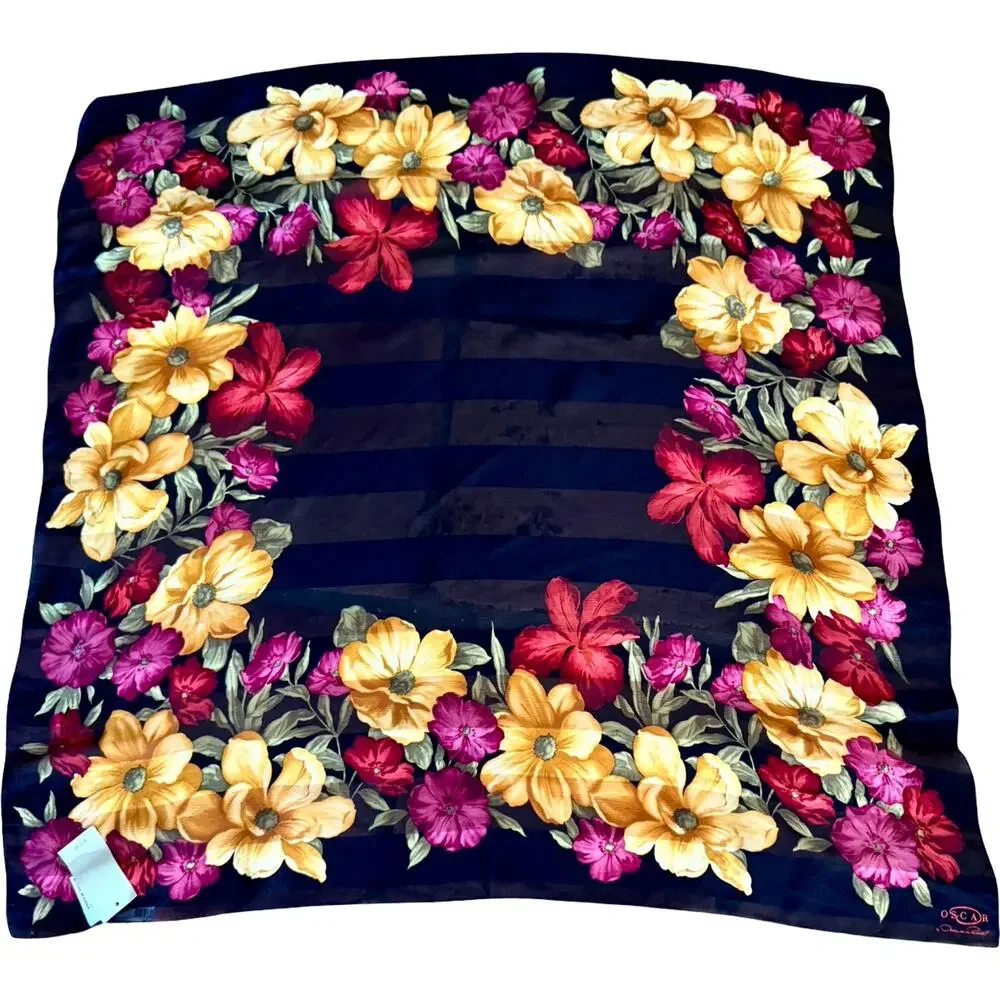 Vintage Oscar de la Renta Silk Scarf Black Jewel Tone Floral 1990s NWT